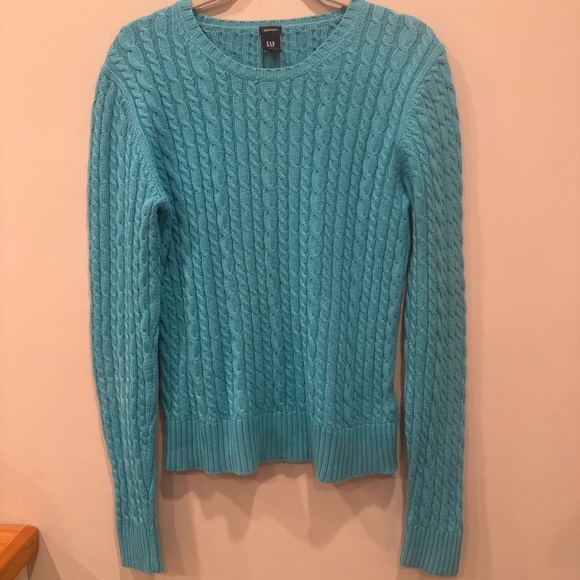 GAP Women's Teal Cable Knit Sweater Stretchy Layer Y2K Sz L - Picture 6 of 9